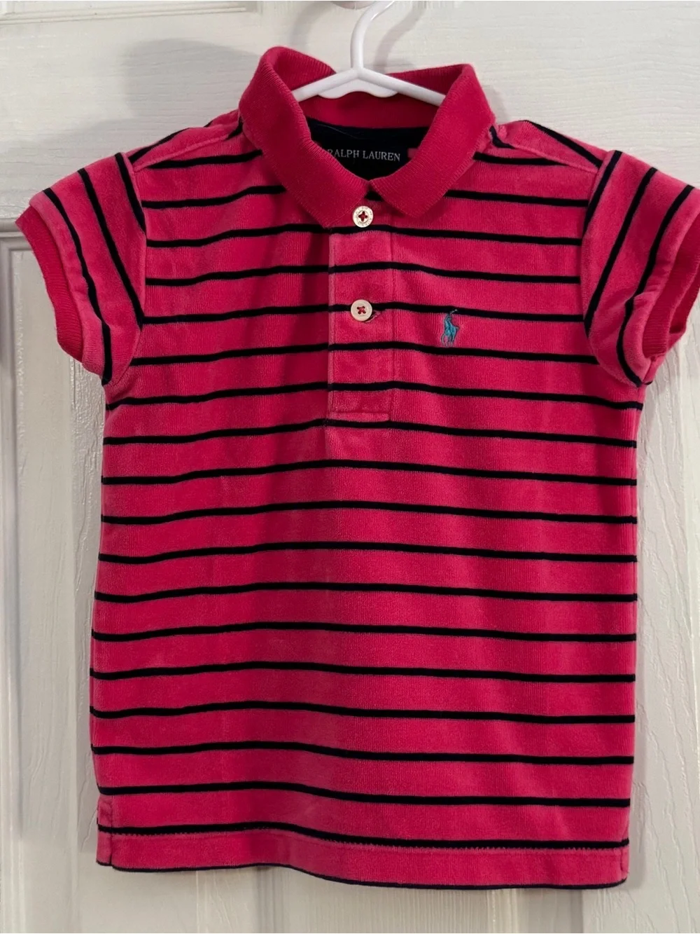 Ralph Lauren Baby Girl Bright Pink Polo with Navy Stripes Short Sleeve